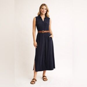 Talbots Navy Blue Sleeveless Button Front Shirt Dress Midi Maxi Size M
